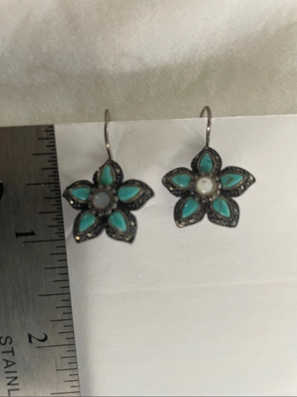 Sterling Silver 925 Genuine Turquoise/Pearl Pierced Earrings Vintage Flower